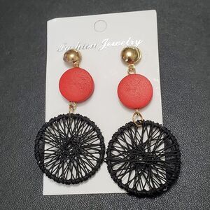 Gold tone red and black earrings